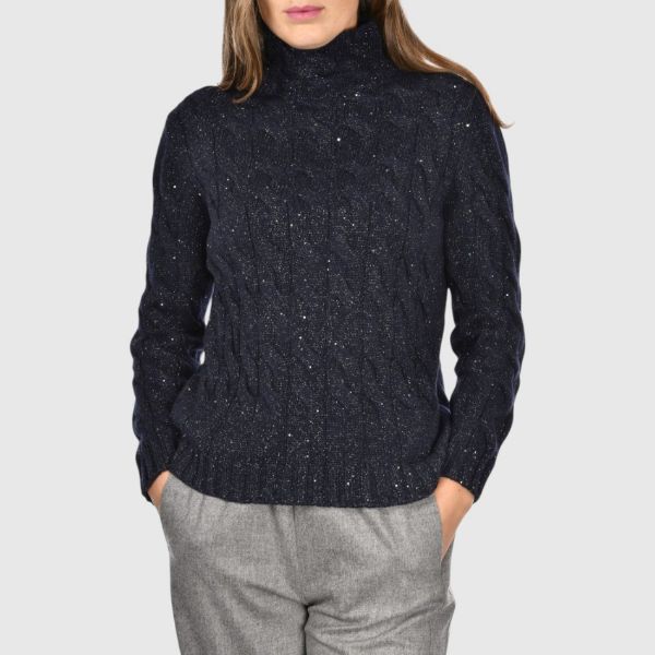 Micro sequins cabled mock neck