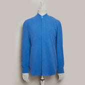 Silk Collarless Shirt With Fly Front in Blue