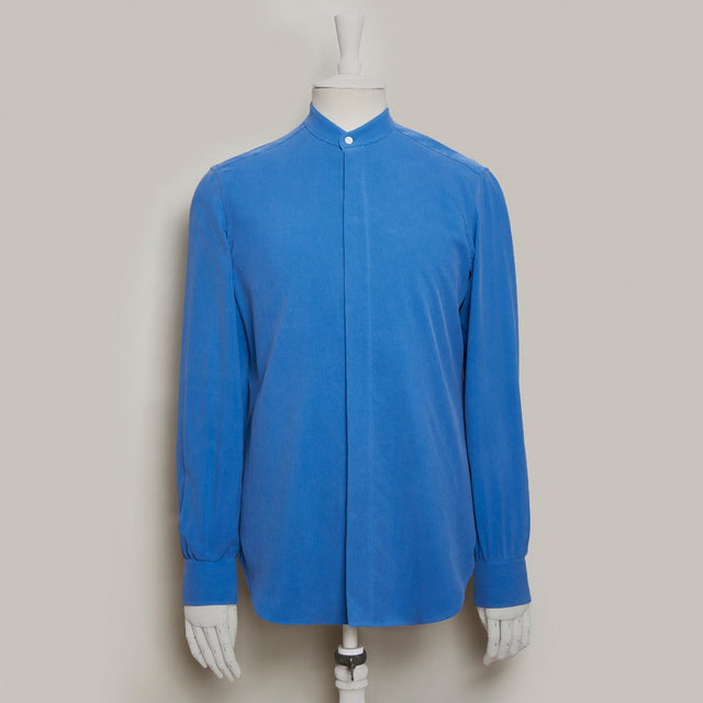 Silk Collarless Shirt With Fly Front in Blue
