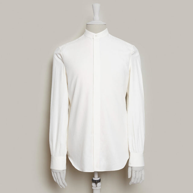 Silk Collarless Shirt With Fly Front in Light Cream
