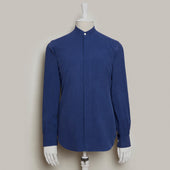 Silk Collarless Shirt With Fly Front in Navy