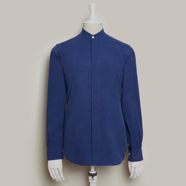 Silk Collarless Shirt With Fly Front in Navy