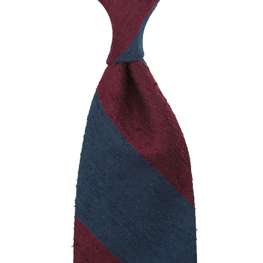 Block Stripe Shantung Silk Tie Burgundy Hand Rolled