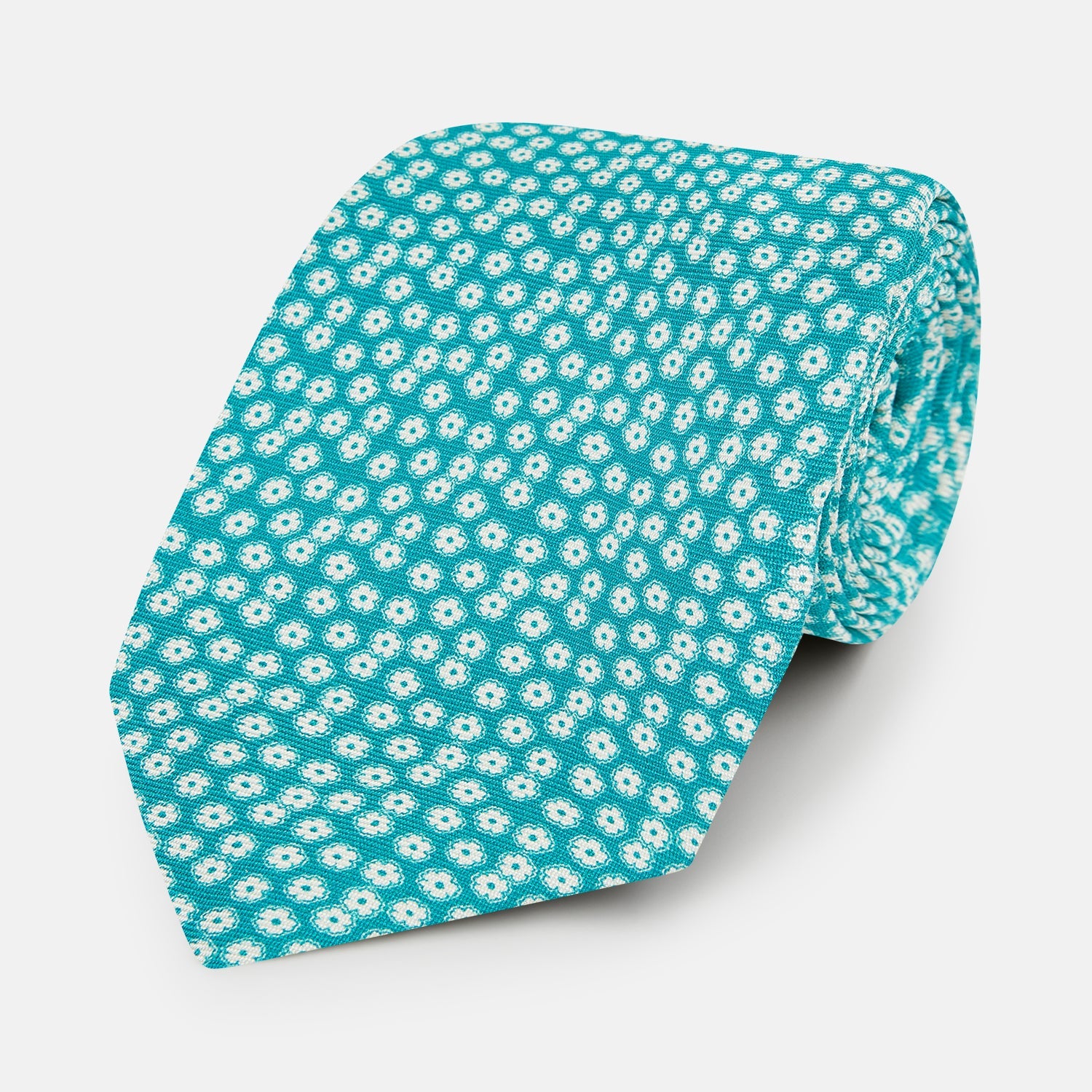 Turquoise Flower Patterned Printed Silk Tie