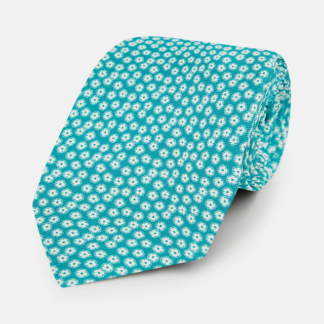 Turquoise Flower Patterned Printed Silk Tie