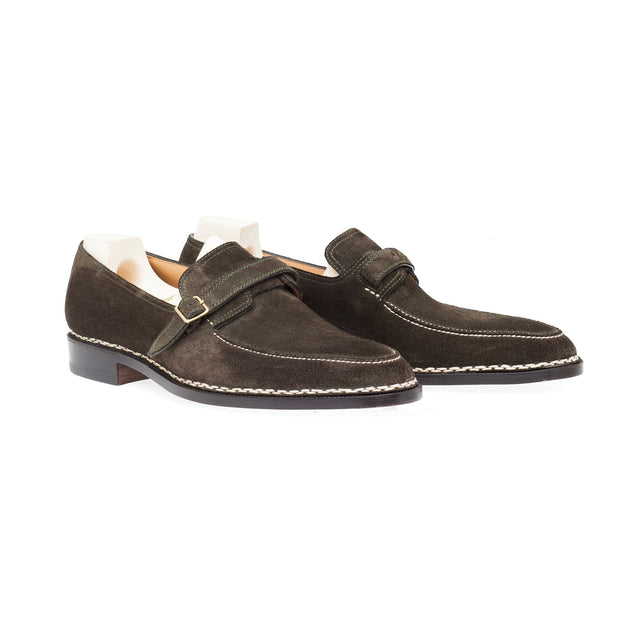 Monk loafer with hand-stitched apron in dark Military green suede leather