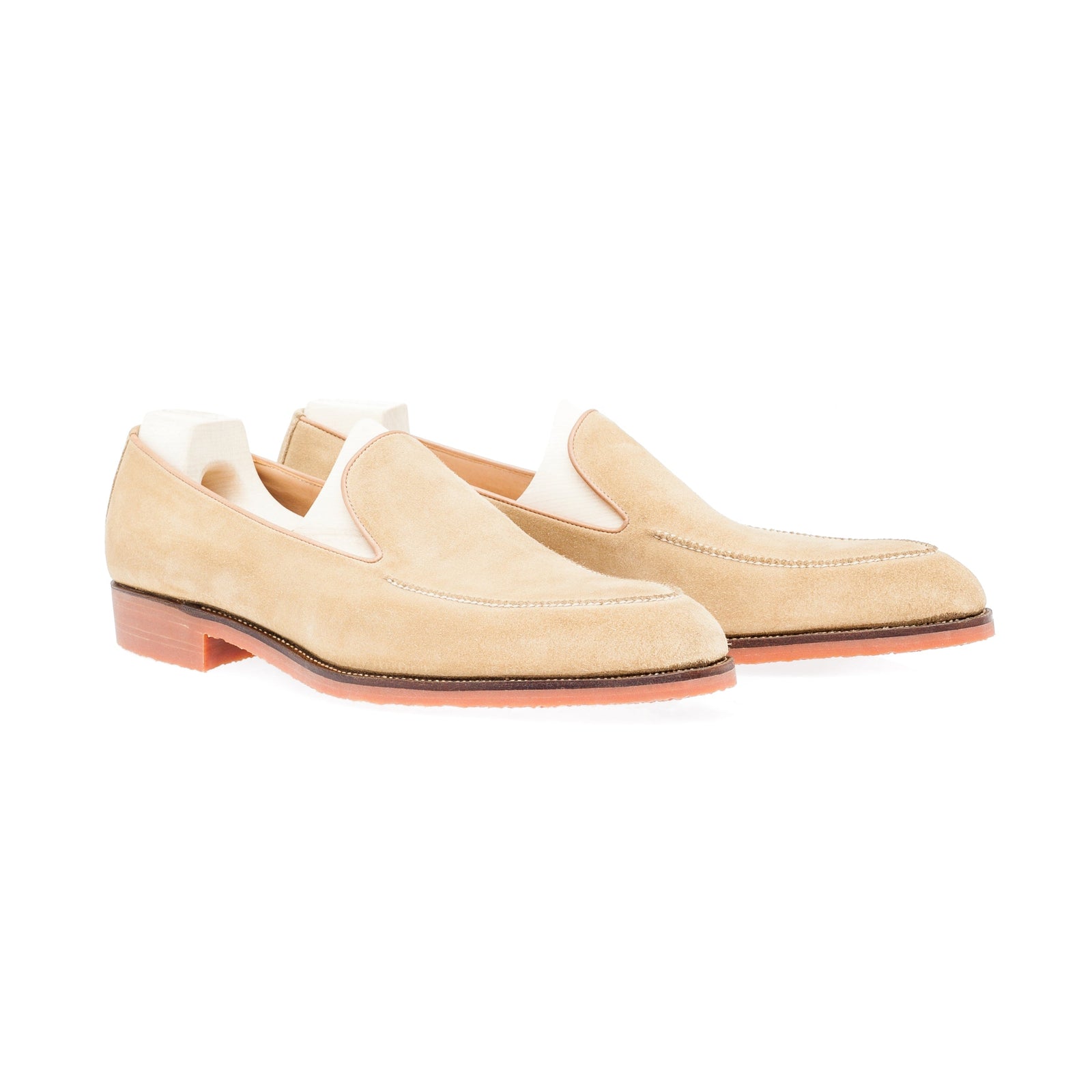 Elegant Loafer With Hand Stitched Apron In Beige Suede Leather
