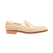 Elegant Loafer With Hand Stitched Apron In Beige Suede Leather