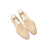 Elegant Loafer With Hand Stitched Apron In Beige Suede Leather
