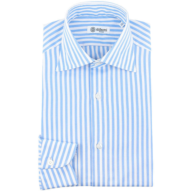 Poplin Semi Spread Shirt - White / Blue - Butcher Stripe