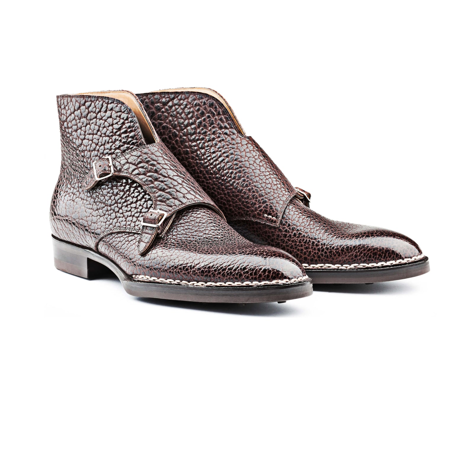 Double Buckle Monk Boots In Dark Brown Bison Leather