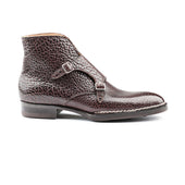Double Buckle Monk Boots In Dark Brown Bison Leather