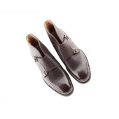 Double Buckle Monk Boots In Dark Brown Bison Leather