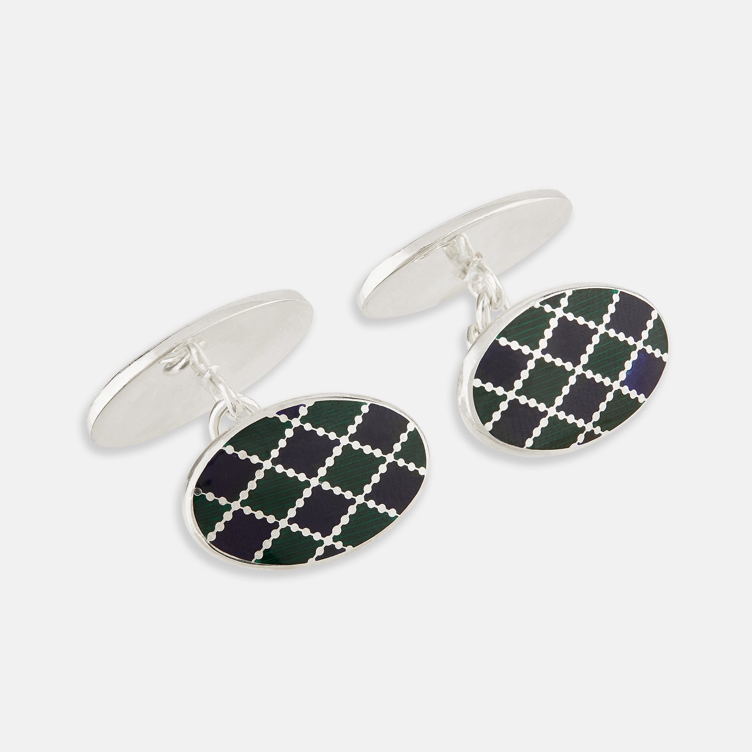 Green And Navy Checkered Oval Enamel Chain Cufflinks