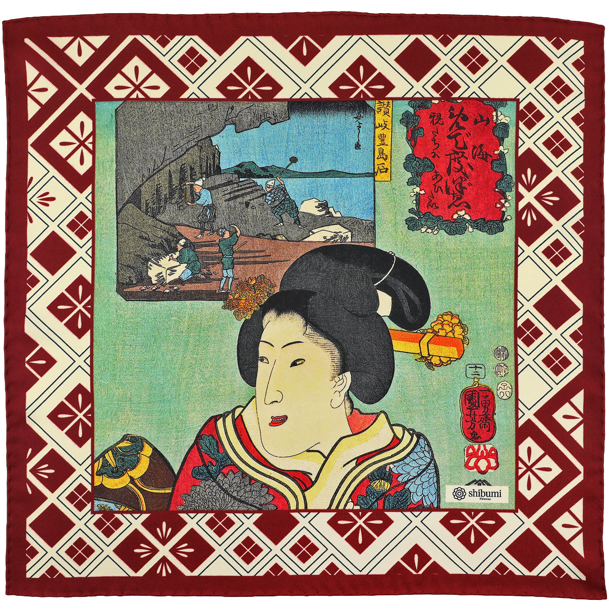 Ukiyo E Silk Pocket Square Sanuki Teshima Seki 40x40cm
