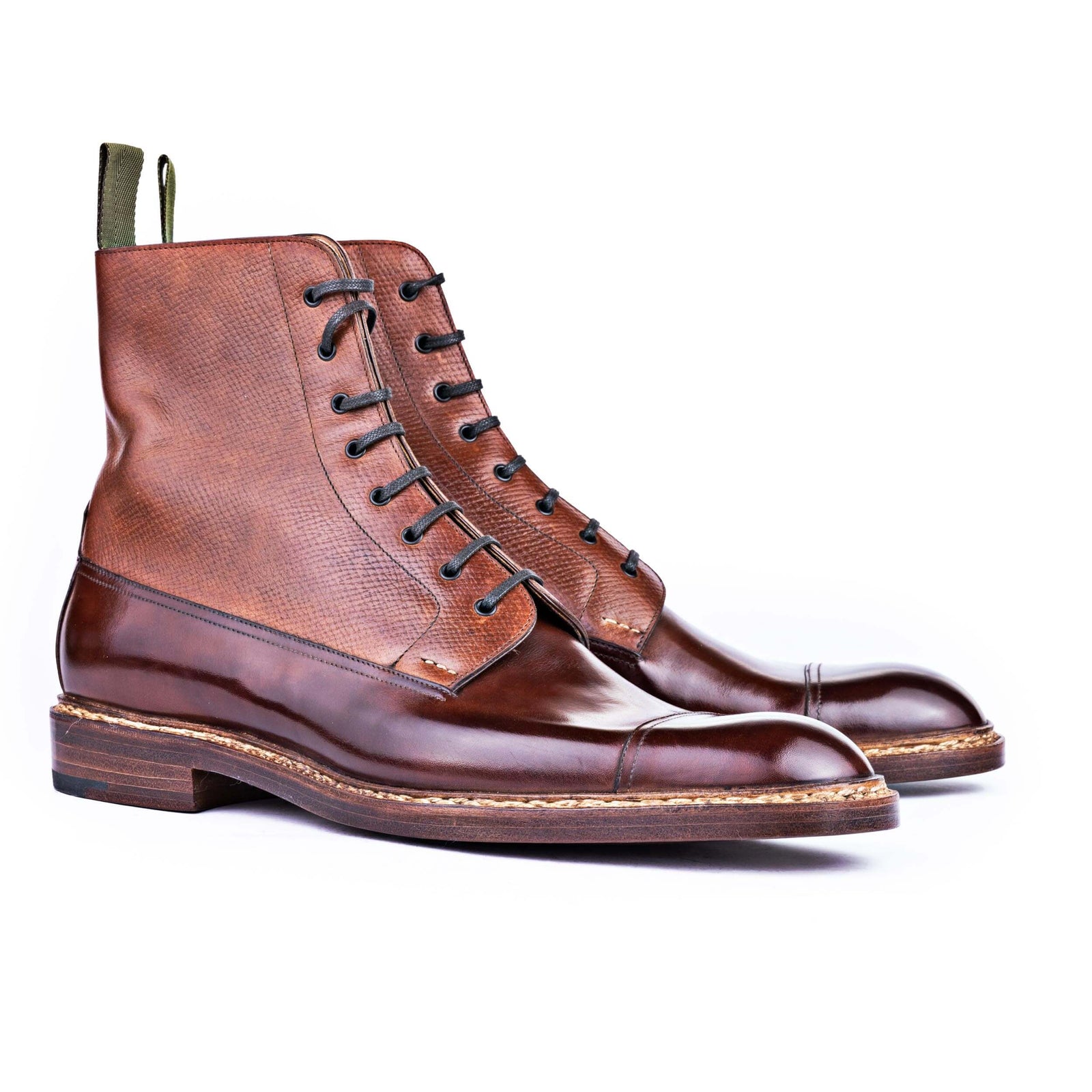High Cut Derby Boots With Straight Toe Cap In A Mid Calf Grain Combo