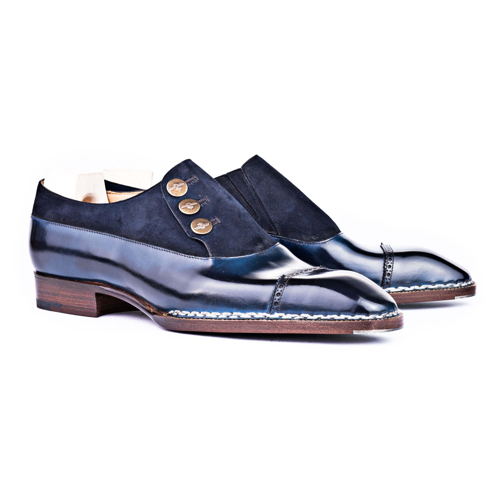 Button Shoe In Dark Blue Suede And Crust Calf Leather