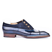 Button Shoe In Dark Blue Suede And Crust Calf Leather