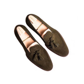 Plain Tassel Loafers In Military Green Suede Leather