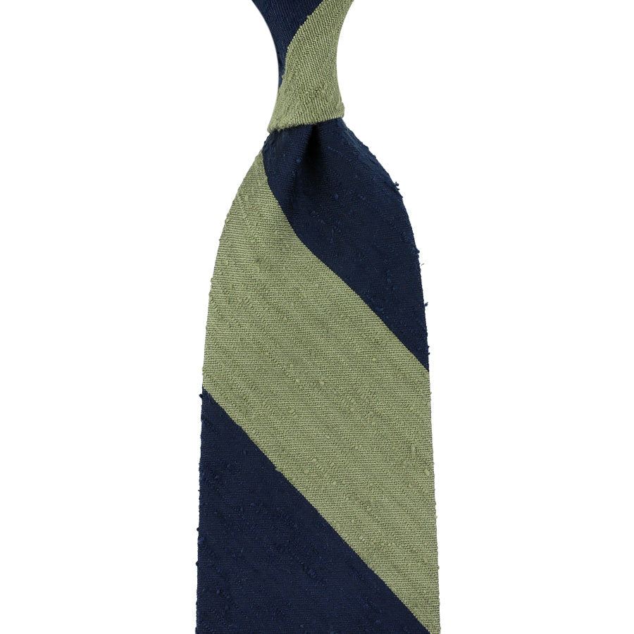Block Stripe Shantung Silk Tie Olive Hand Rolled