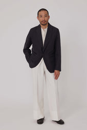 Shawl Collar Shirt Jacket (Black Linen Silk Ottoman)