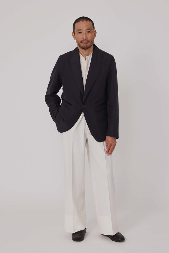 Shawl Collar Shirt Jacket (Black Linen Silk Ottoman)