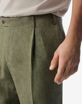 Pants 1 Pince Verdi In Chambray Di Puro Lino