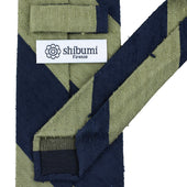 Block Stripe Shantung Silk Tie Olive Hand Rolled