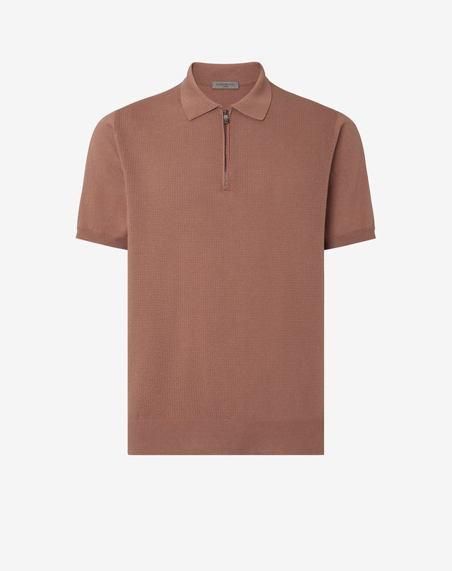 Polo color terra bruciata con zip in cotone Pima