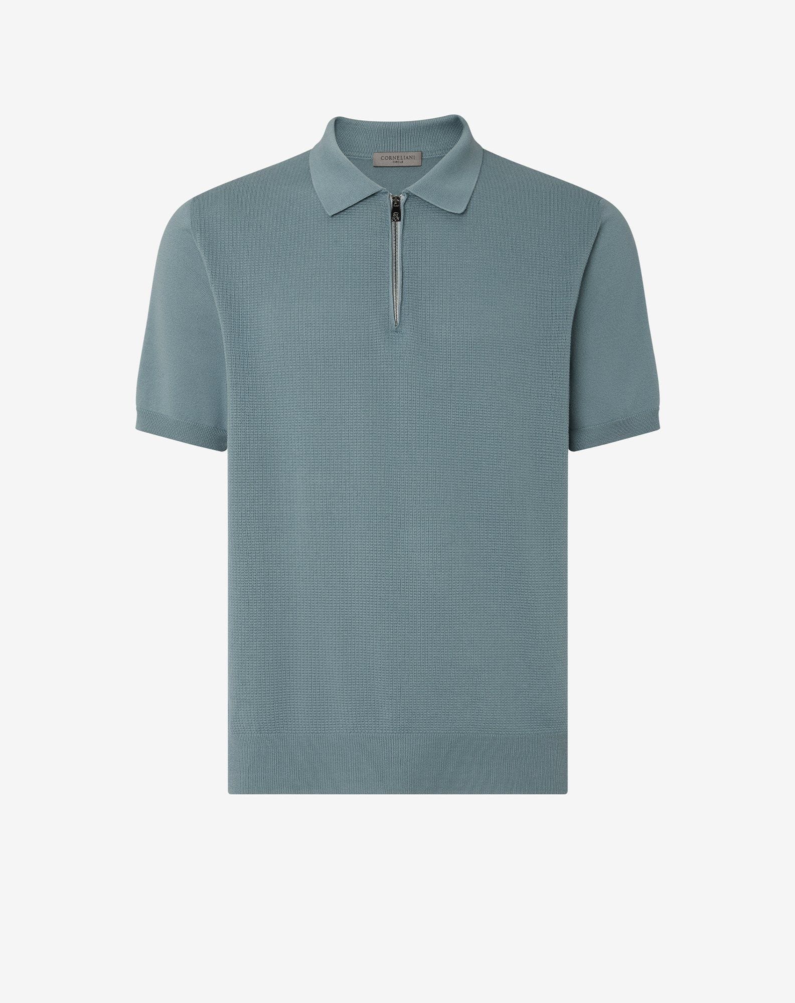 Polo Azzurro Con Zip In Cotone Pima