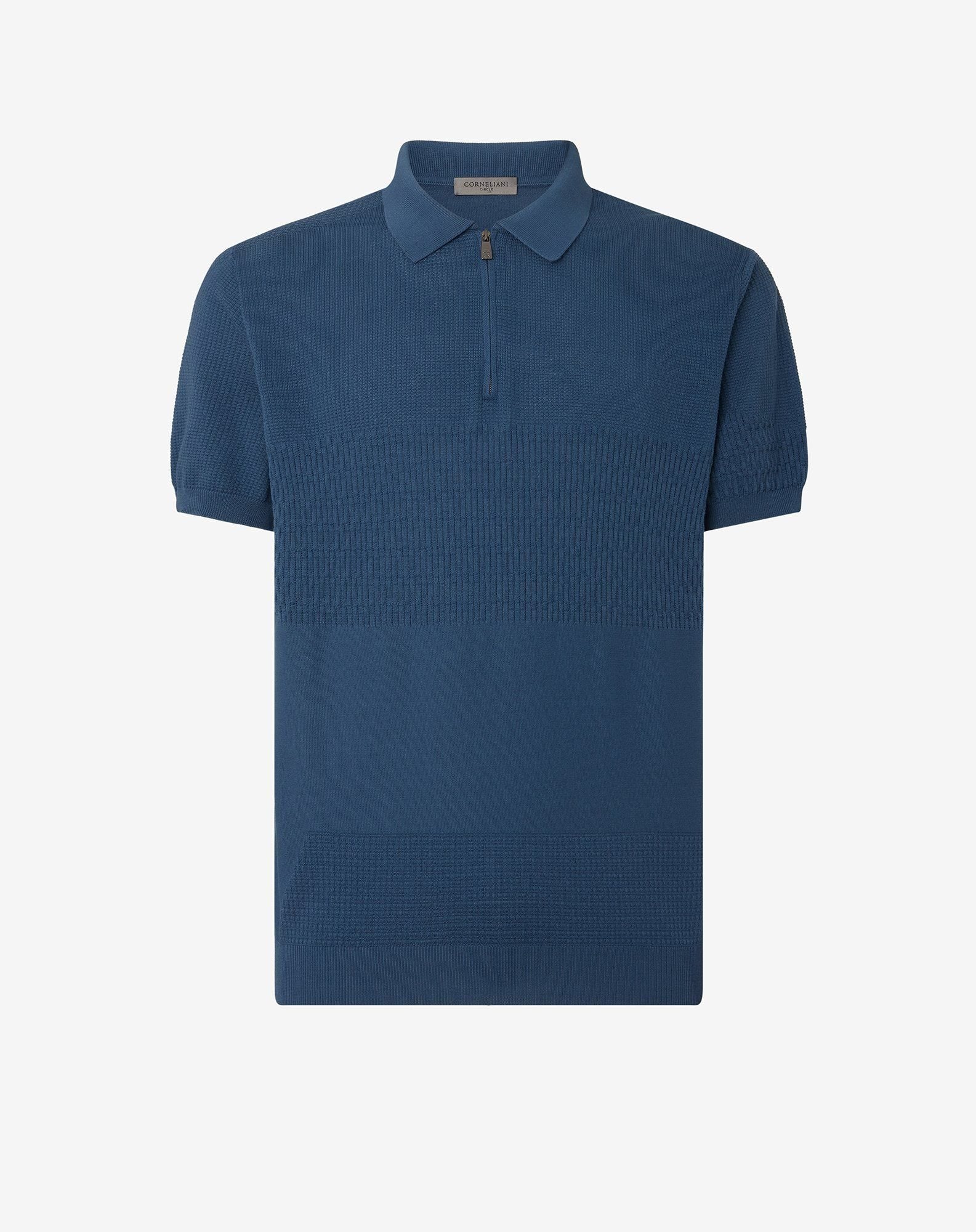 Polo blu denim con zip in cotone Pima