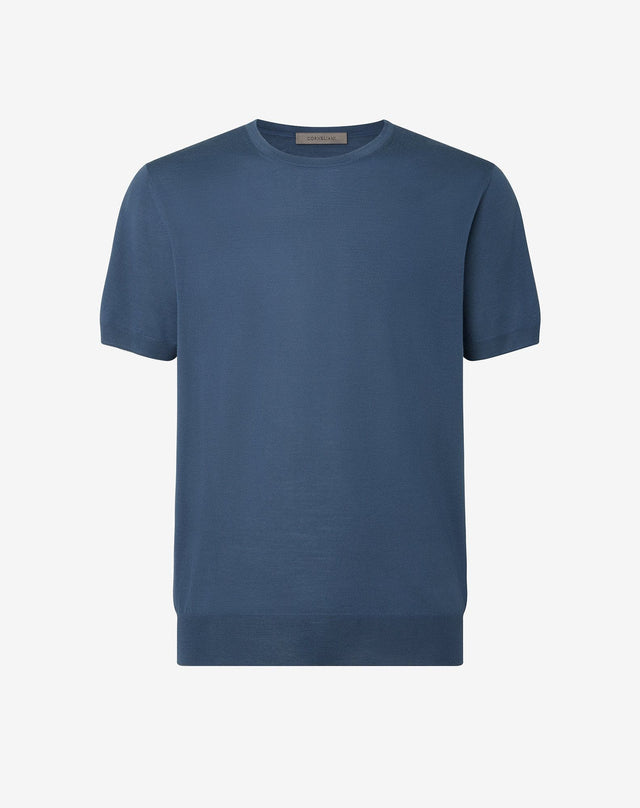 Sweater girocollo blu ottanio chiaro in lana ultrafine