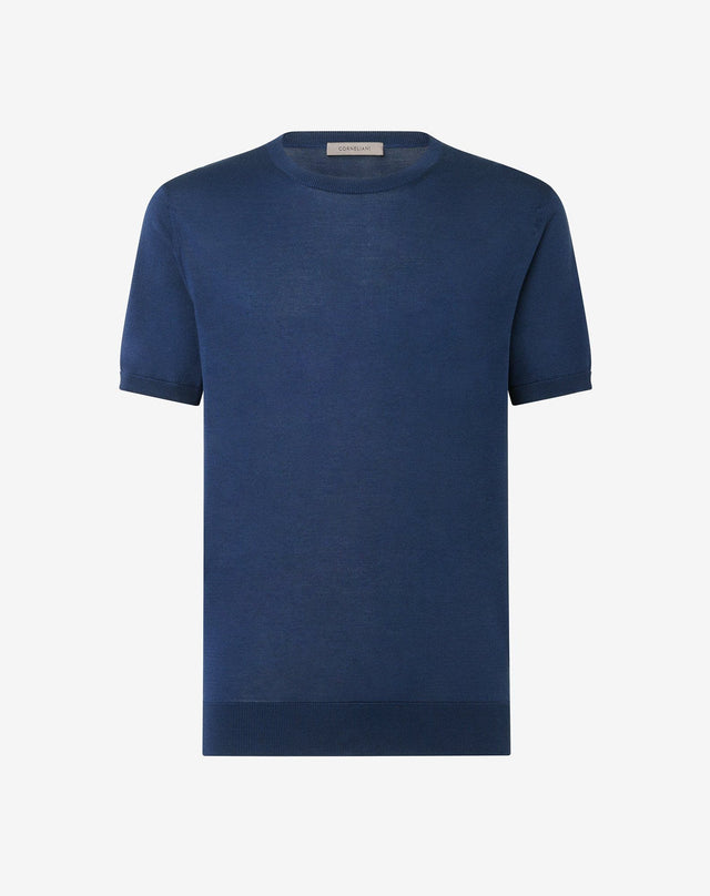 Sweater girocollo blu cina in pura seta