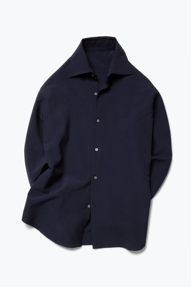 Spread Collar Shirt (Navy Wool Seersucker)