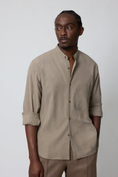 Band Collar Shirt Brushed Silk Cotton Linen