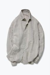Button Down Collar Shirt (Lichen with Taupe Stripe Linen Silk Slub)