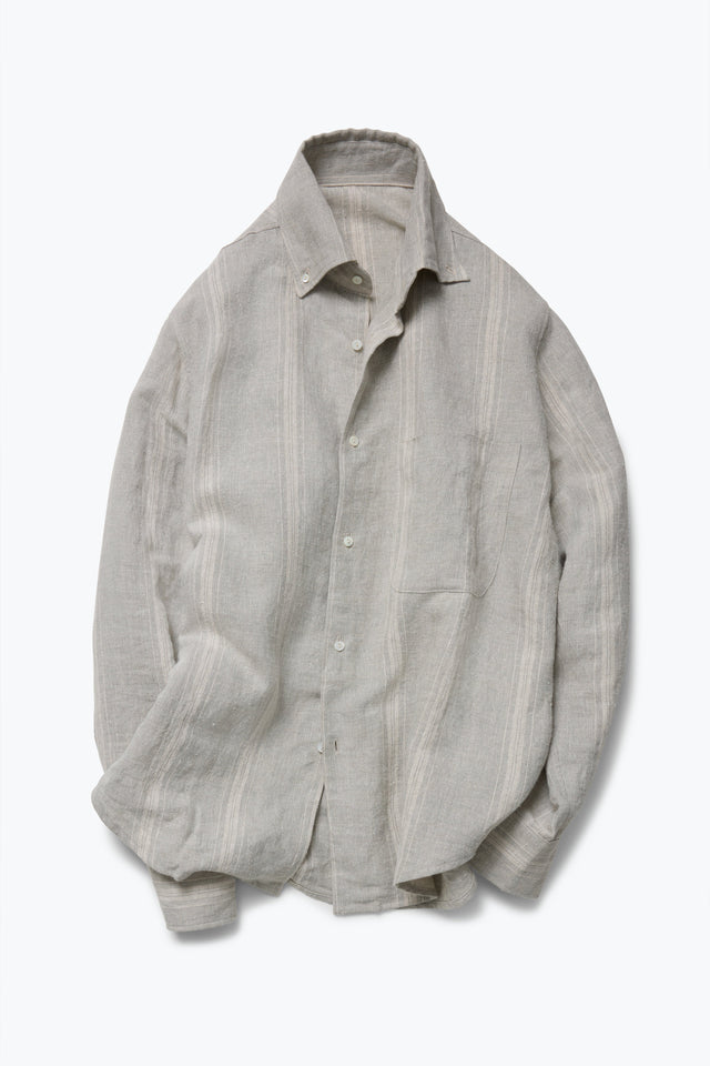 Button Down Collar Shirt (Lichen with Taupe Stripe Linen Silk Slub)