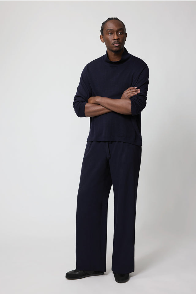 Drawstring Trouser (Navy Wool Seersucker)