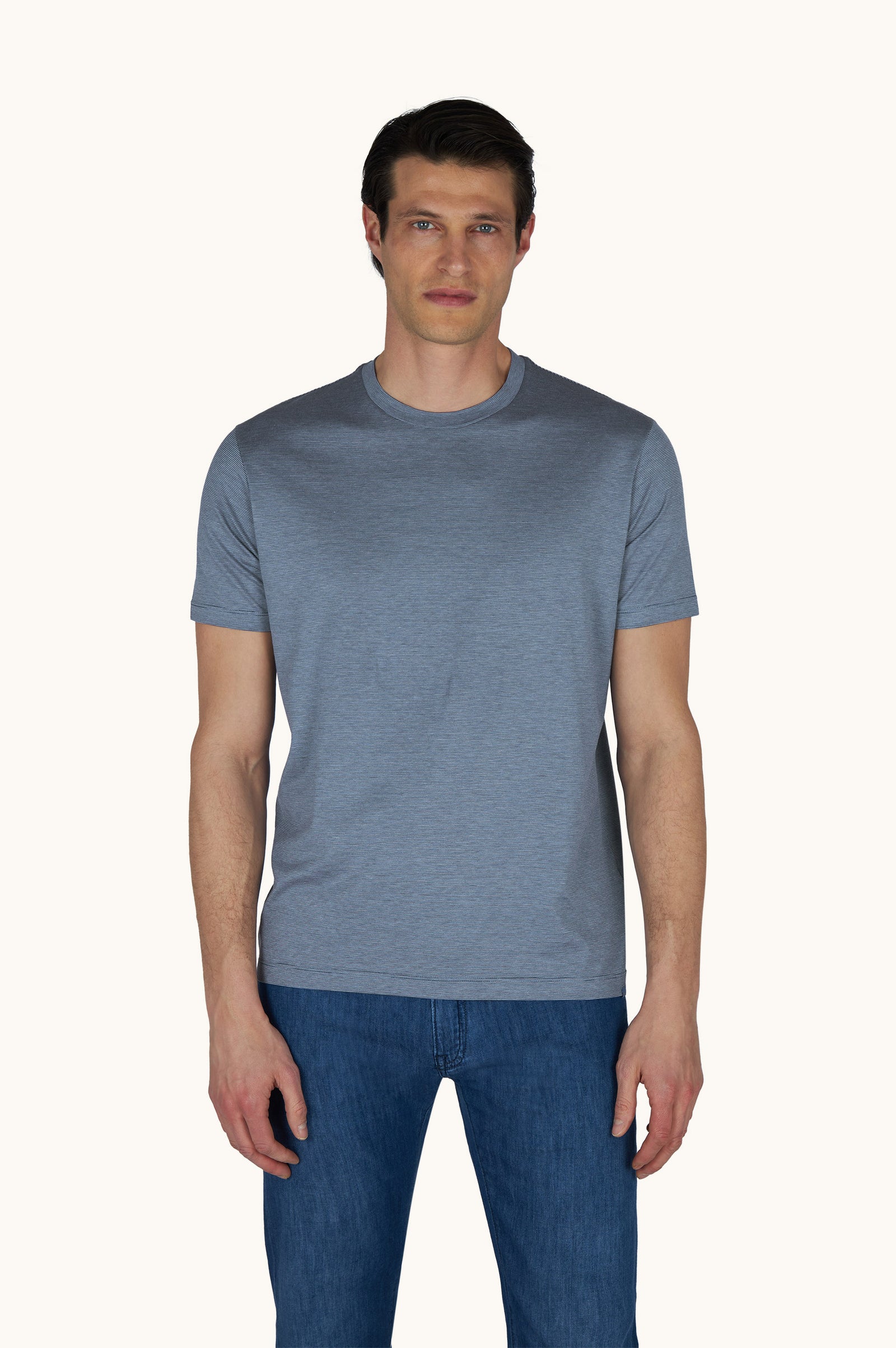 Silk And Cotton T Shirt With Micro Stripe Pattern