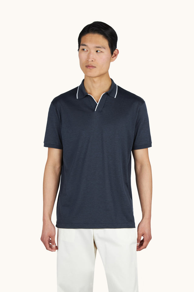 Open collar polo in cotton and silk