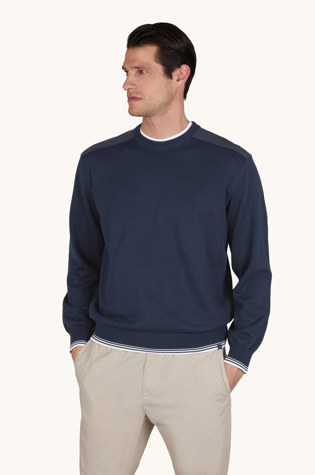 Crew‑neck sweater in Piuma cotton with technical fabric details