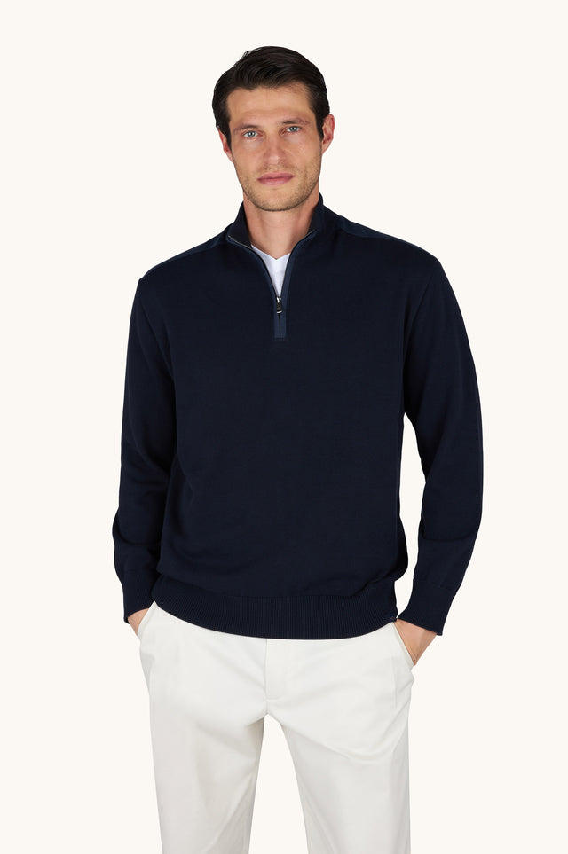 Half‑zip sweater in Fresco cotton with linen details