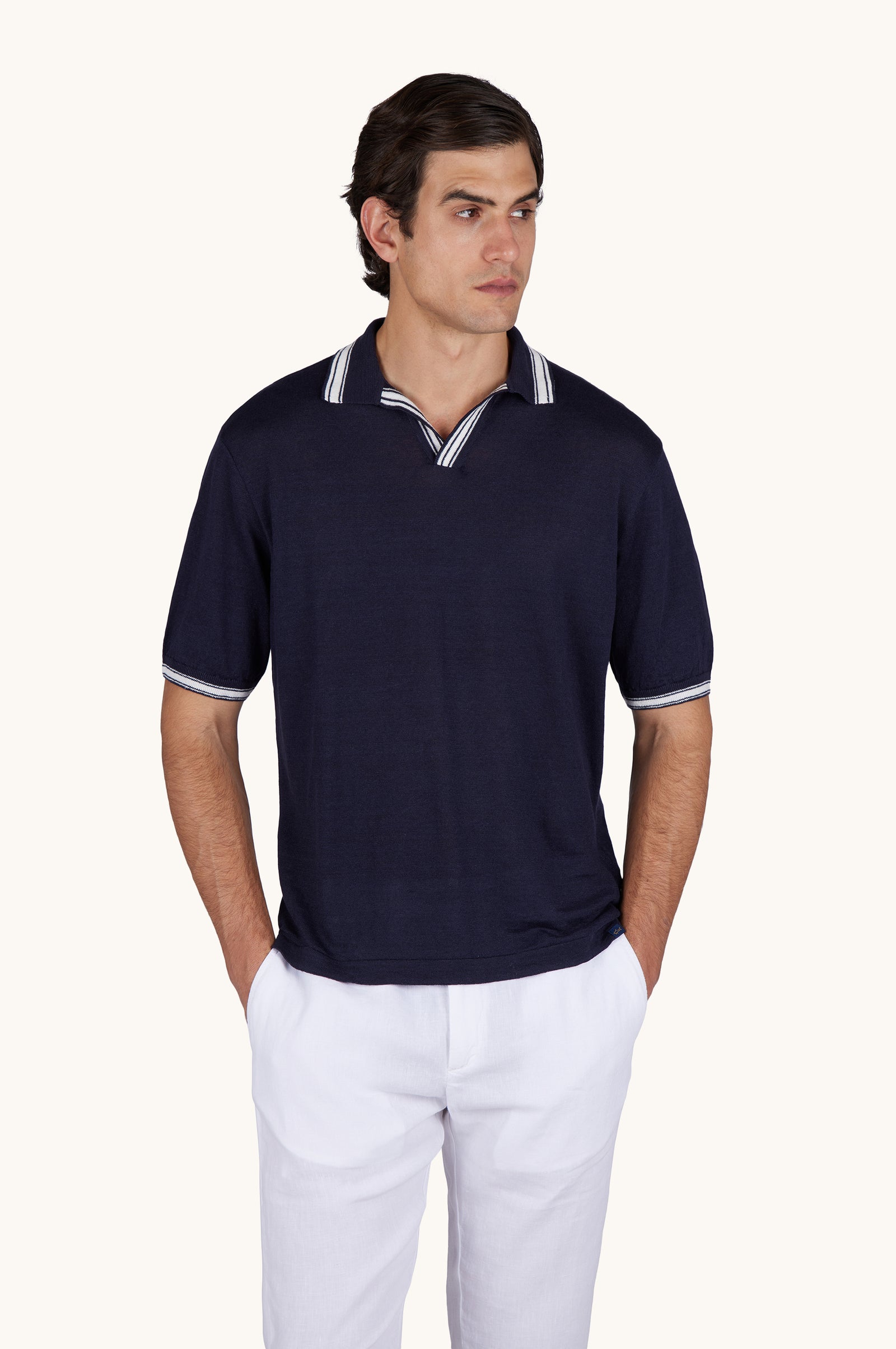 Polo Shirt With Open Collar In Linen