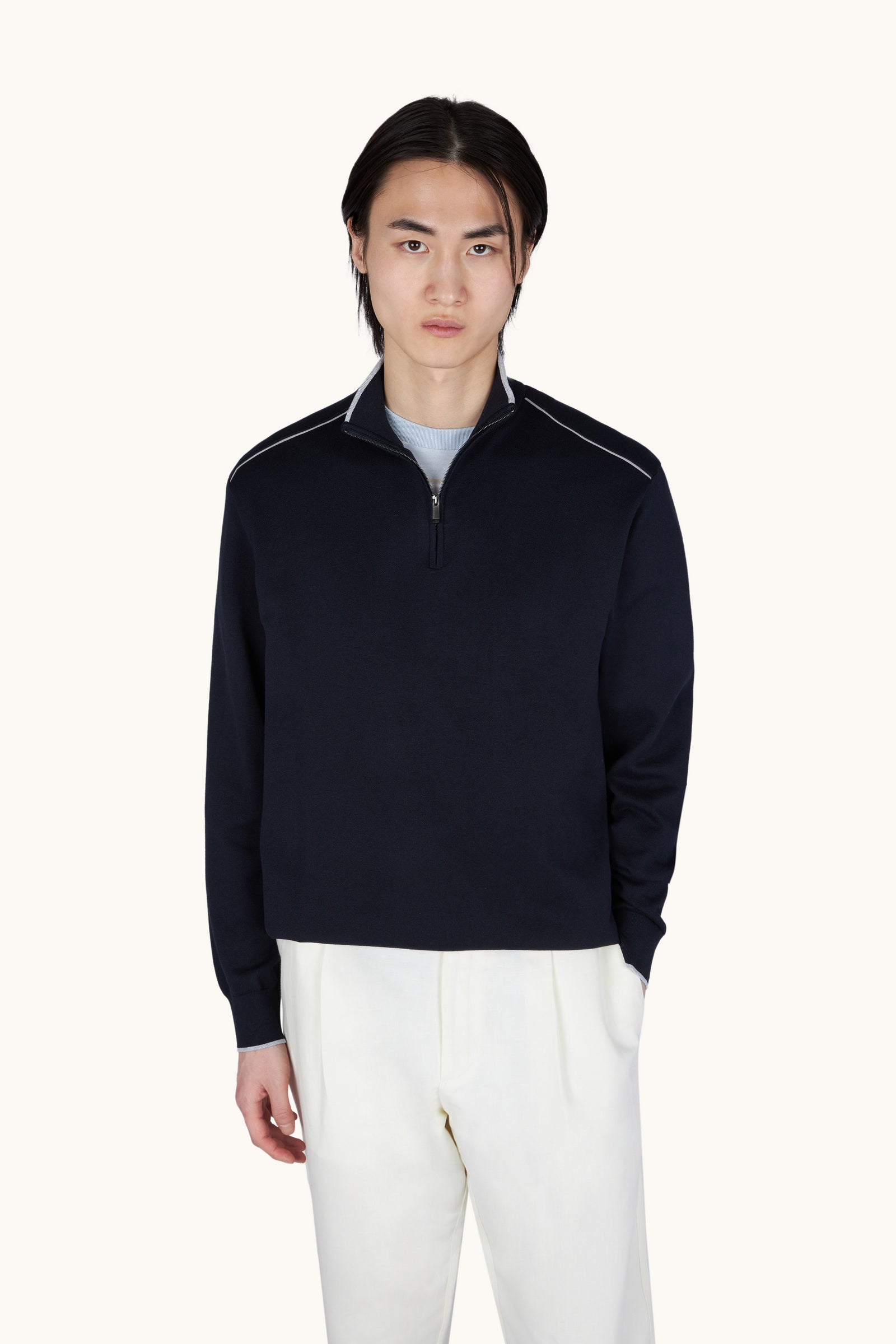 Half Zip Sweater In Cotton And Silk With Aqualeather Suede Details