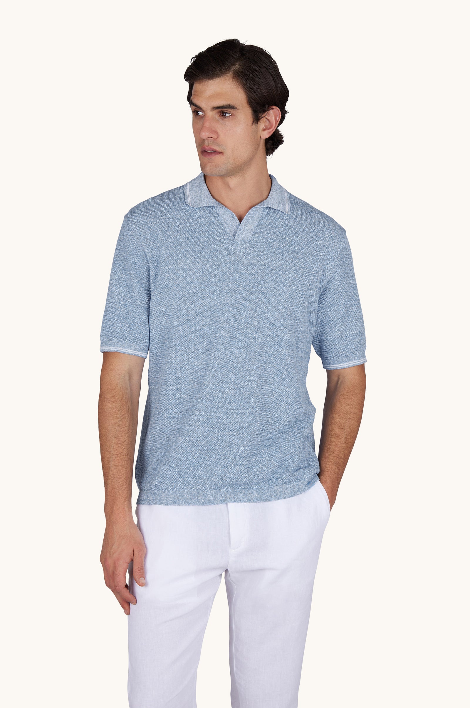 Open Collar Polo In Urukai Linen And Cotton