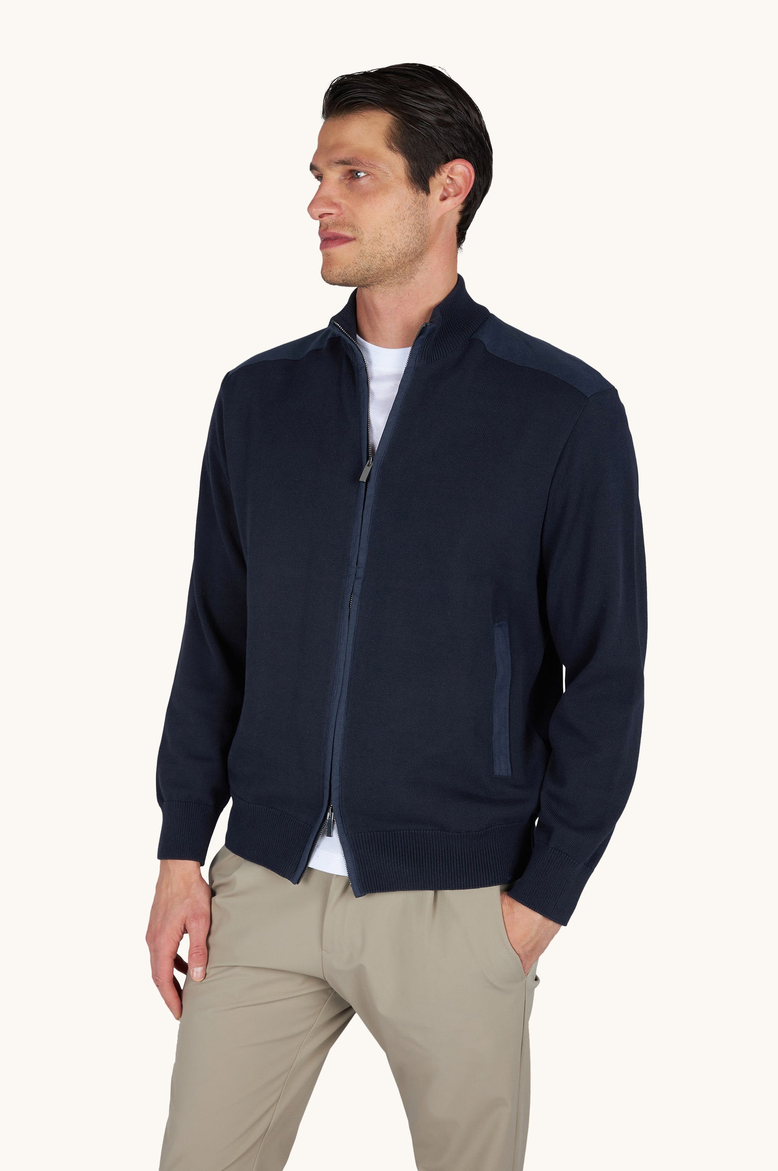 Zip Up Sweater In Fresco Cotton With Linen Details