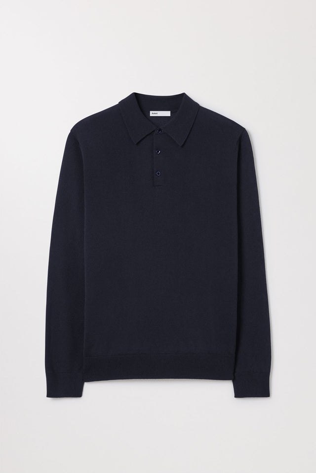 Melange Merino Wool Polo Buttoned Long Sleeve Asket