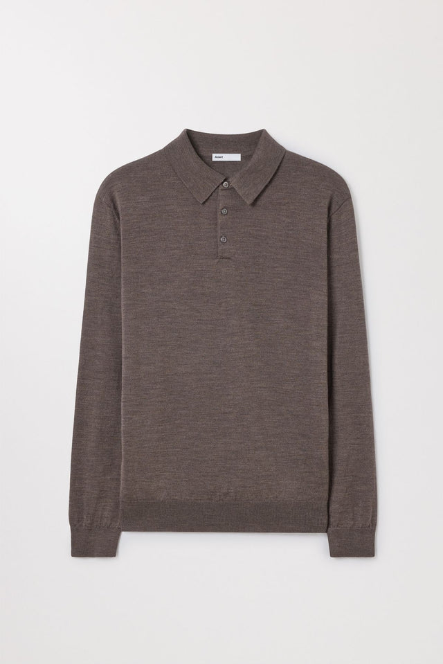 Melange Merino Wool Polo Buttoned Long Sleeve Asket