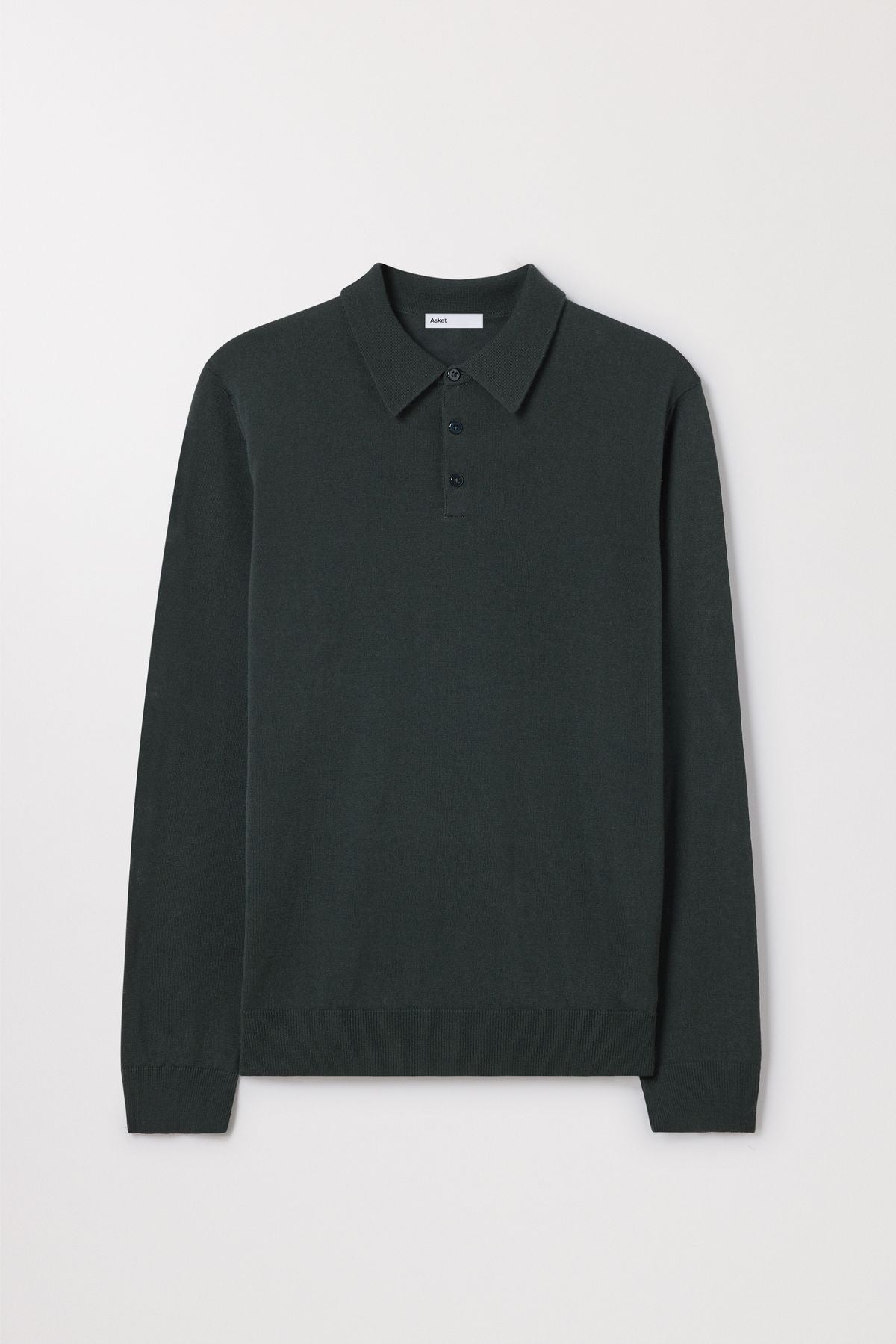 Dark Green Merino Wool Polo Buttoned Long Sleeve Asket