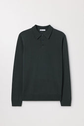 Dark Green Merino Wool Polo Buttoned Long Sleeve Asket
